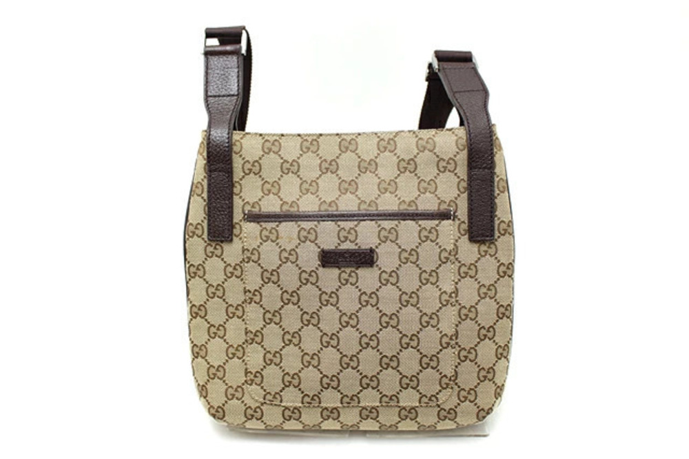 Gucci GG Canvas Calfskin Shoulder Bag Beige Cream Brown